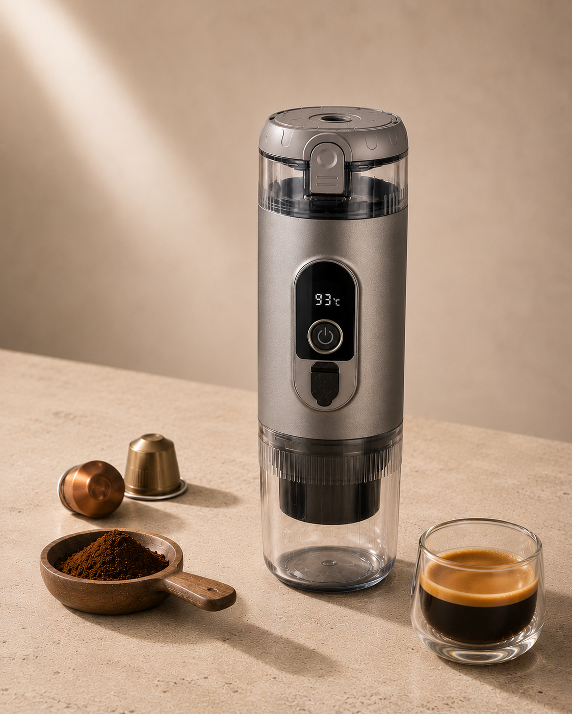 BrewTrail Self-Heating Portable Espresso Maker - Titanium Gray